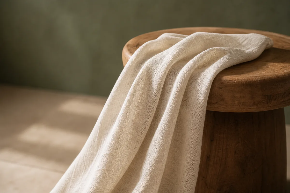 Tissu en lin crème drapé sur un tabouret en bois, évoquant un geste continu