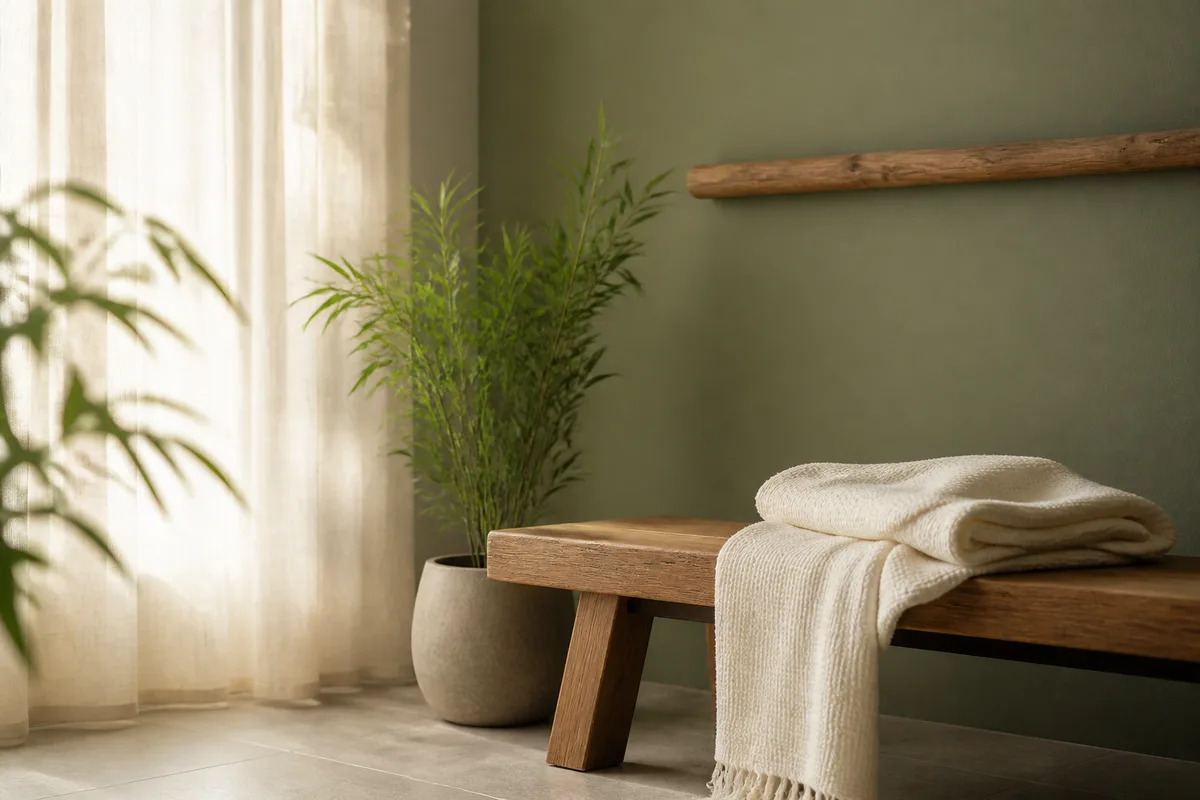 Coin détente calme et vide d’un spa, banc en bois et plante verte, lumière douce