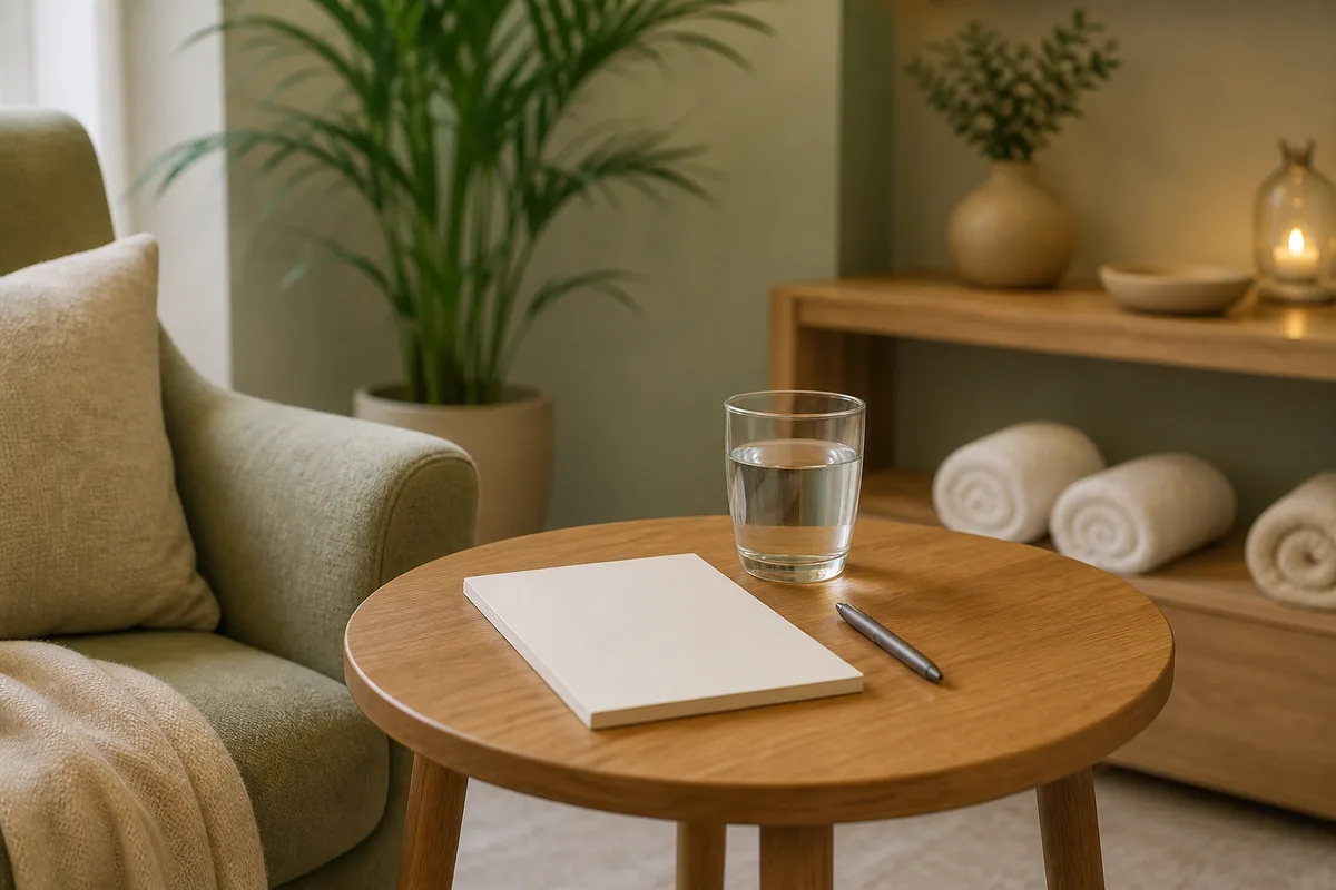 Table basse en bois avec un verre d’eau et un carnet vierge, coin consultation calme
